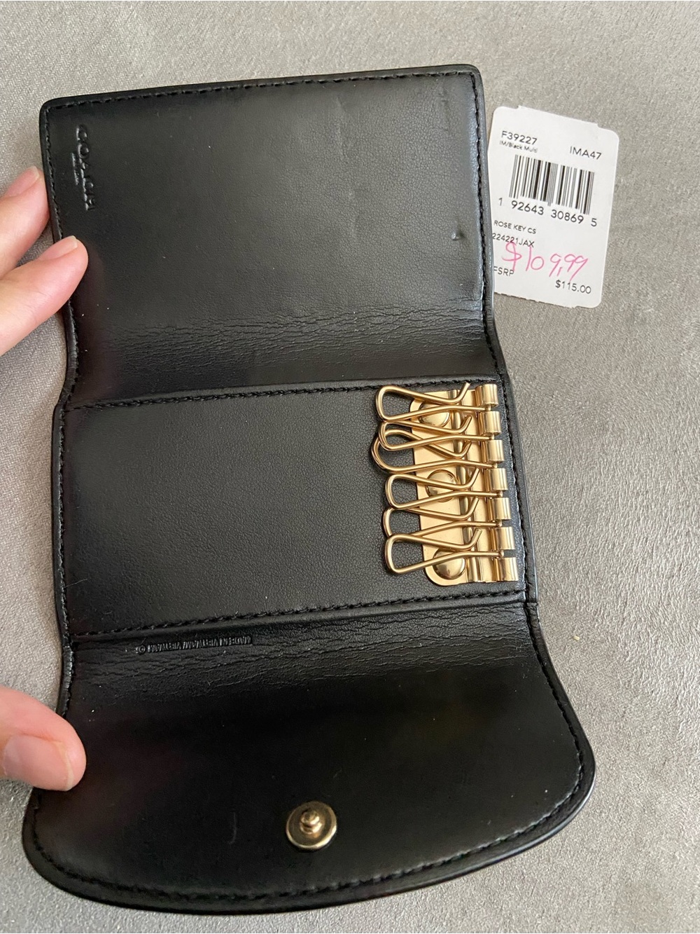 Coach Black Floral Embossed Leather Key holder with Gold Logo - Picture 3 of 3